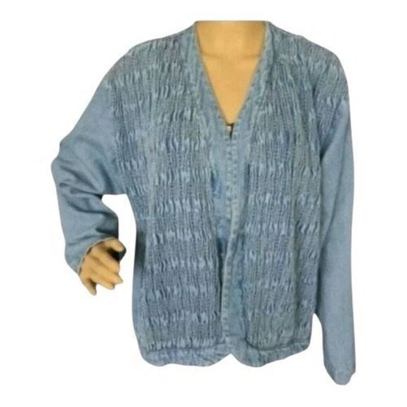 Vintage Saint German Paris Blue Denim Collarless Jacket Large Ruched Front Women - Picture 2 of 9